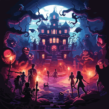 Halloween theme,  scene where characters are working together to solve puzzles and escape a haunted house in a virtual reality escape room. Terror, bat, pumpkin, ghost, whitch, vampire, tree.