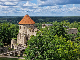 Ruins of the medieval Livonian castle in Cesis town, Latvia.