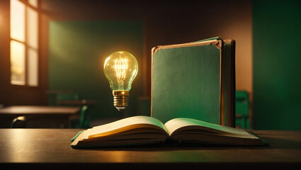 Opened book and glowing light bulb above pages. AI generated.
