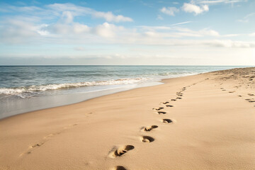 Series of footprints disappearing into the distance on a sandy beach, illustrating paths and journeys