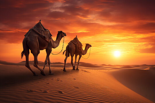 Line of camels gracefully walking on a sandy desert during a stunning sunset, capturing the essence of Middle Eastern landscapes