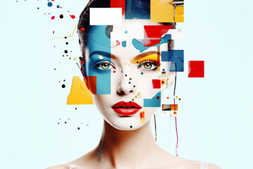 Beauty, fine art, fashion concept. Abstract modern art collage of woman portrait made of various and colorful geometric shapes and paint strokes. Generative AI
