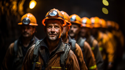 Miners Wearing Safety Gear and Helmets Inside the Mine  - obrazy, fototapety, plakaty