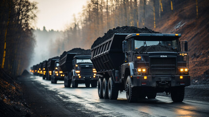 Coal Trucks Lined Up Ready for Transportation  - obrazy, fototapety, plakaty