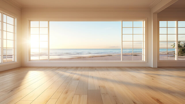 Fototapeta Empty apartment room with wooden floor of beach house. Sea view from windows. Copy space. Generative AI