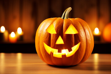 Fototapeta premium Scary looking Halloween pumpkin, jack o lantern. Holiday and festive background with copy space. Generative AI