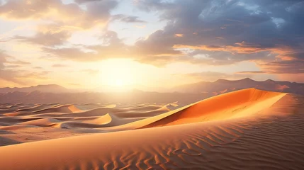 Foto op Canvas  the sun is setting over a desert with sand dunes and mountains.  generative ai © Anna