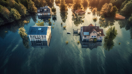 Aerial drone photo of the town showing the flooded fields from on a rainy winters day during a large flood after a storm.
