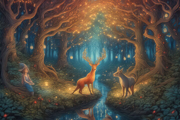 deer and fairy tale forest - obrazy, fototapety, plakaty