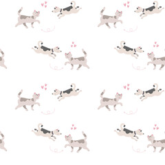  Seamless pattern Funny puppy, kitten domestic animals cartoon characters collection. Pets companions couples friendship, flat vector illustration