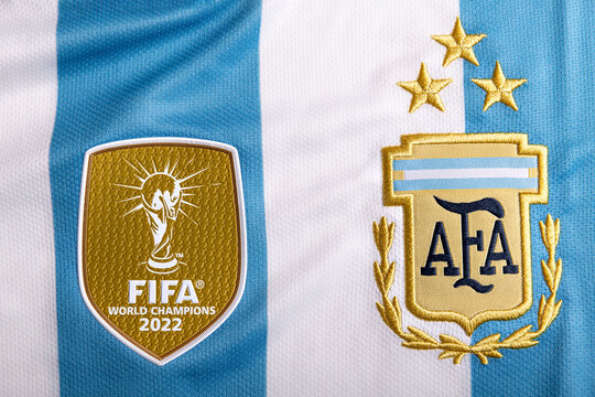 ARGENTINA, AUGUST 4, 2023. AFA SHIELD AND GOLDEN FIFA PATCH. 3-STAR SHIRT OF THE ARGENTINE SELECTION, TAKEN IN THE PROVINCE OF MENDOZA