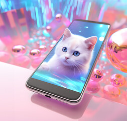 Smartphone,  or tablet, with new futuristic pastel 
 colorful background  and white cat on screen