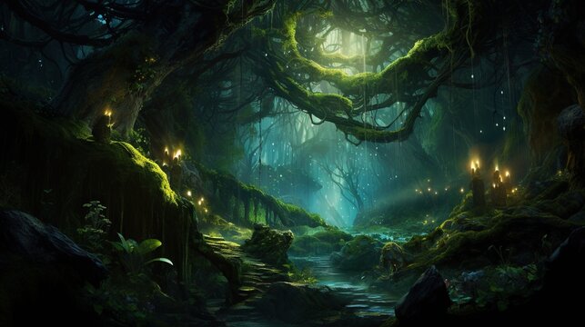 a dark forest with a stream of water surrounded by trees.  generative ai