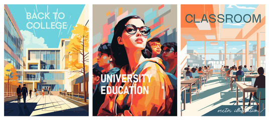 University Education. College building, classroom with students, Students portrait. Vector illustration, vertical posters.