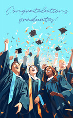 Vector illustration of graduating students, posterized style, flat colors. Graduation