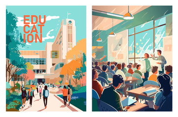 Education. College building, classroom with students listening to lecturer. Vector illustration, vertical posters.