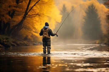 an angler in waders standing in a river, fly fishing amid a serene landscape painted with autumn colors - obrazy, fototapety, plakaty