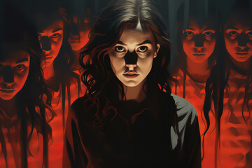  A young woman with shadows of anxiety looming around her, illustrating the oppressive and pervasive nature of anxiety disorders