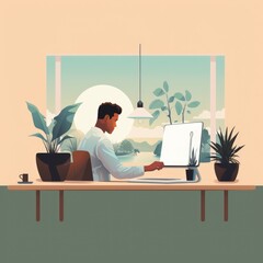Simple Minimal Tech Illustration, Man Editing Video In a Desk. Generative AI