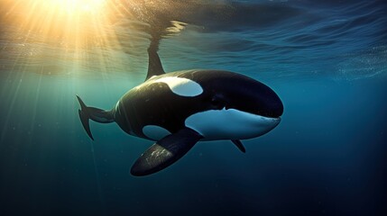  an orca whale swims under the water's surface.  generative ai