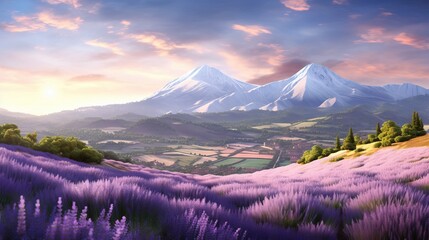  a painting of a lavender field with mountains in the background.  generative ai