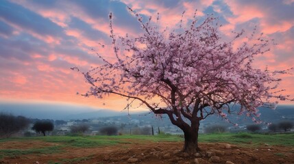  a tree in a field with a pink sky in the background.  generative ai
