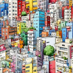 Vibrant Metropolis: Risograph-style Seamless Pattern of City Skyline