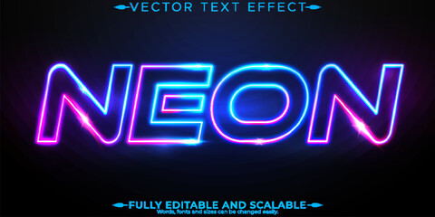 Neon light text effect, editable retro and glowing text style