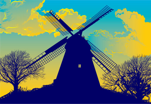 molino, vector, paisaje, agricultura, molinos de viento, silueta, paisaje rural