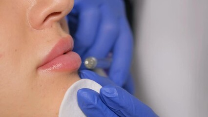 A beautician performs a lip augmentation procedure on a beautiful woman in a beauty salon. 