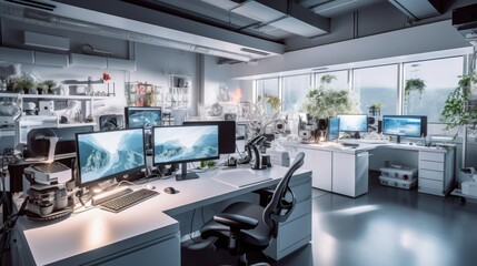 Bright white lab interior cinematic photography of an gaming production studio with The workplace of a professional game programmer using Unreal Engine