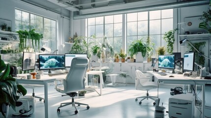 Bright white lab interior cinematic photography of an gaming production studio with The workplace of a professional game programmer using Unreal Engine