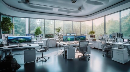 Bright white lab interior cinematic photography of an gaming production studio with The workplace of a professional game programmer using Unreal Engine