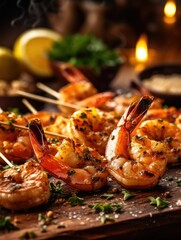 Grilled Shrimp Appetizer on crackers: Grilling photography, clean composition, dramatic lighting, bright