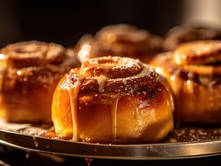 baked hot cinnamon buns with sugar and cholate topping, baking photography, clean composition, dramatic lighting, bright