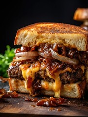 Grilled Smash Burger with cheese, caramellised onions and mushroms, Grilling photography, clean composition, dramatic lighting, bright