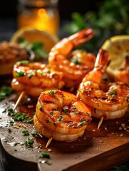Grilled Shrimp Appetizer on crackers: Grilling photography, clean composition, dramatic lighting, bright