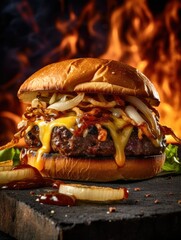 Grilled Smash Burger with cheese, caramellised onions and mushroms, Grilling photography, clean composition, dramatic lighting, bright