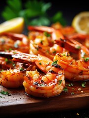 Grilled Shrimp Appetizer on crackers: Grilling photography, clean composition, dramatic lighting, bright