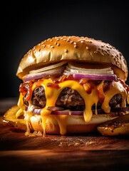 Grilled Smash Burger with cheese, caramellised onions and mushroms, Grilling photography, clean composition, dramatic lighting, bright