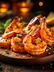 Grilled Shrimp Appetizer on crackers: Grilling photography, clean composition, dramatic lighting, bright