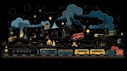  a train traveling through a night filled with stars and clouds.  generative ai