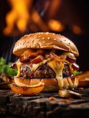 Grilled Smash Burger with cheese, caramellised onions and mushroms, Grilling photography, clean composition, dramatic lighting, bright