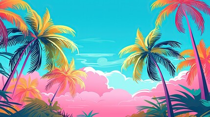 Fototapeta na wymiar a painting of palm trees and a pink sky with clouds. generative ai