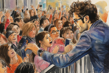 illustration of a celebrity meeting up with his fans