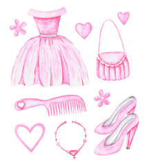 Doll wardrobe watercolor illustrations set. Doll dress, handbag, shoes, hairbrush, necklace. Girl child. Girls toys. Pink. Vintage. Doll style, fashion. Illustrations isolated. Birthday. For print.