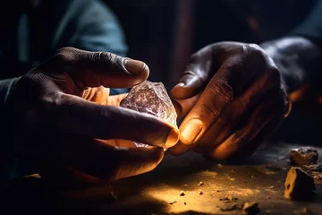 Foto auf Acrylglas Minecraft illustration of a person's hand mining raw diamond
