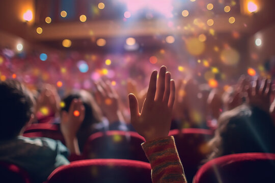 people raising hand on a large theater room
