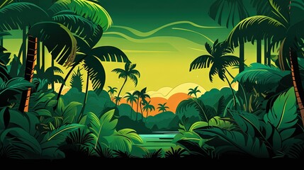 Fototapeta na wymiar a painting of a tropical sunset with palm trees and a river. generative ai
