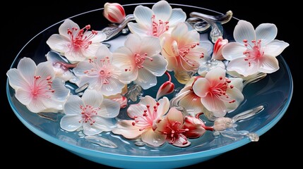  a blue bowl filled with white and red flowers on top of a table.  generative ai